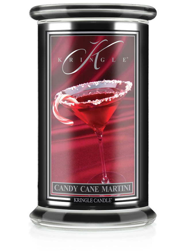 Kringle Candle with a red martini glass design on the label