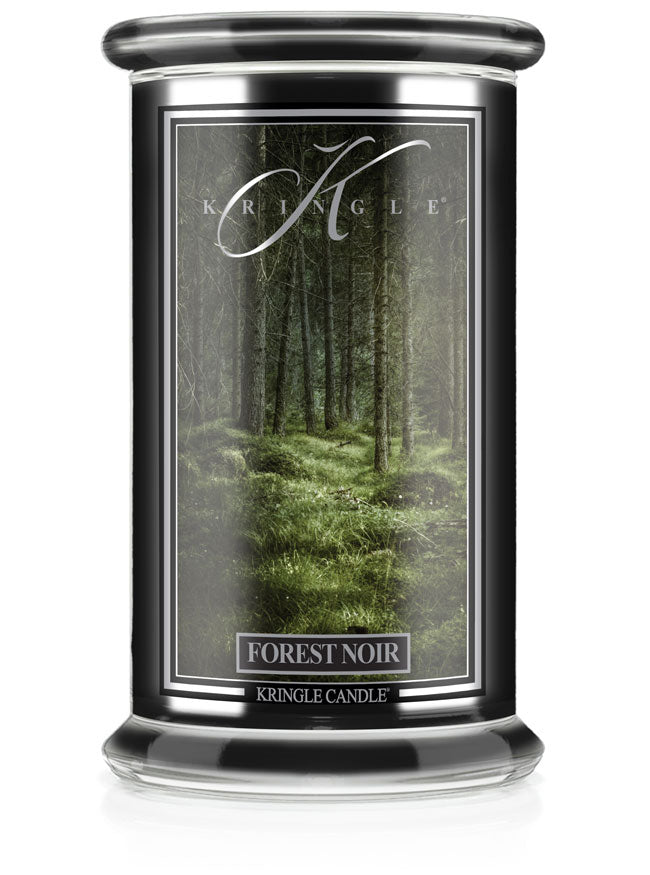 Kringle Candle Forest Noir candle with forest design on the glass