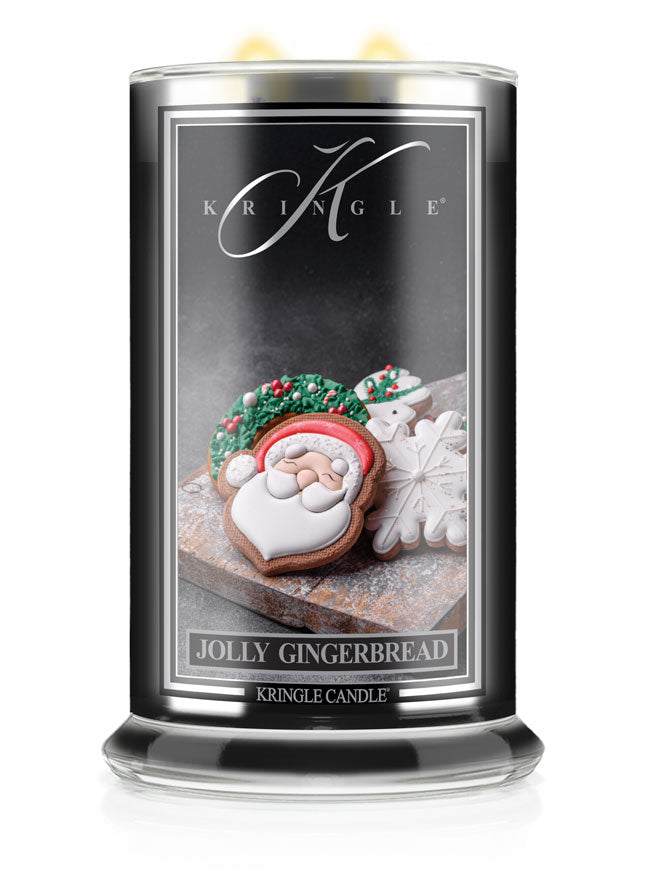 Kringle Candle with gingerbread man design on a white background