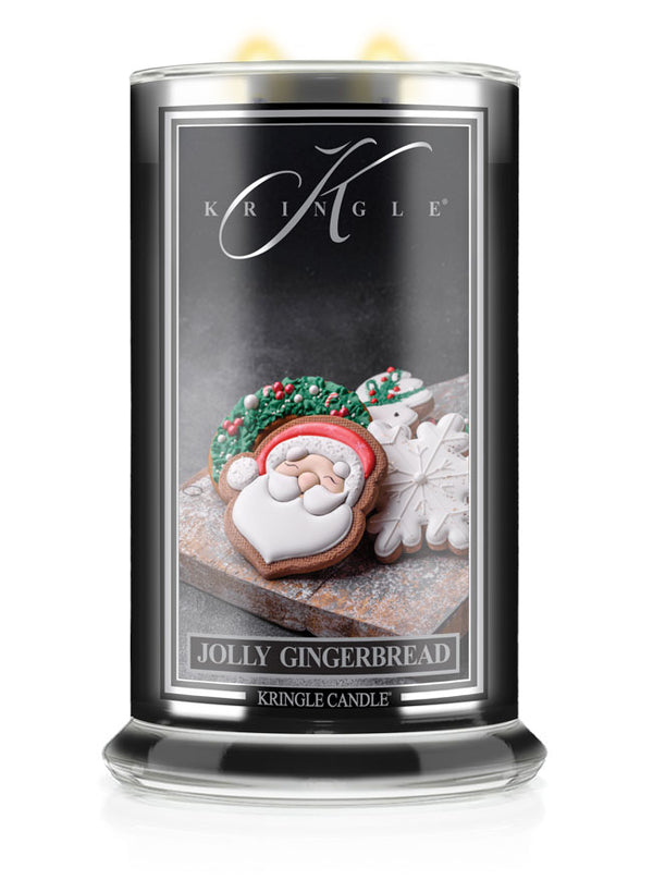 Kringle Candle with gingerbread man design on a white background