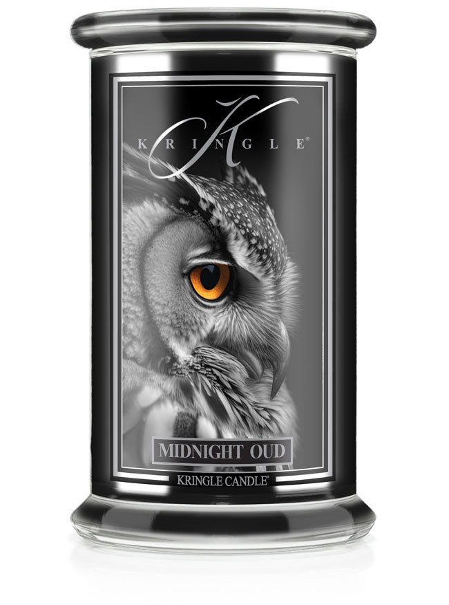 Kringle Candle with owl design on a white background