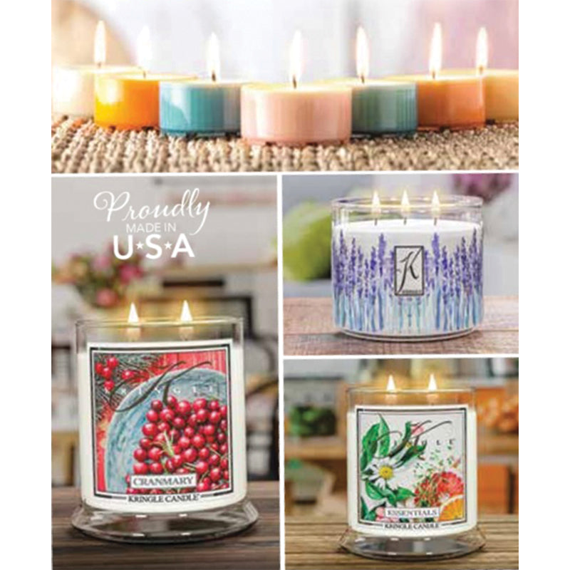 A few of the candles produced by Kringle Candle and proudly made in the USA, medium candle jars, 3-wick candles and daylights.