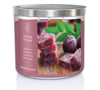 A three-wick candle in a clear glass jar with a silver lid and a festive holiday-themed label. The label features a bowl of sugared plums and juicy blackberries, dusted with powdered sugar. The candle’s wax is deep purple, and the wicks are unlit. The scent notes listed are sugared plums, blackberries, delicate florals, amber, and vanilla sugar.
