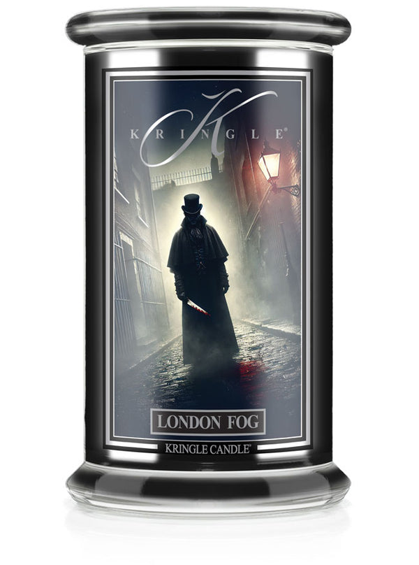 Unlit "London Fog" candle in a jar. The label shows a mysterious figure in a dark alley with a foggy, vintage streetlight.