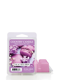 Lilac macaron scented wax melts in a clamshell package with purple macaron and flower imagery. Text reads “Country Candle.”