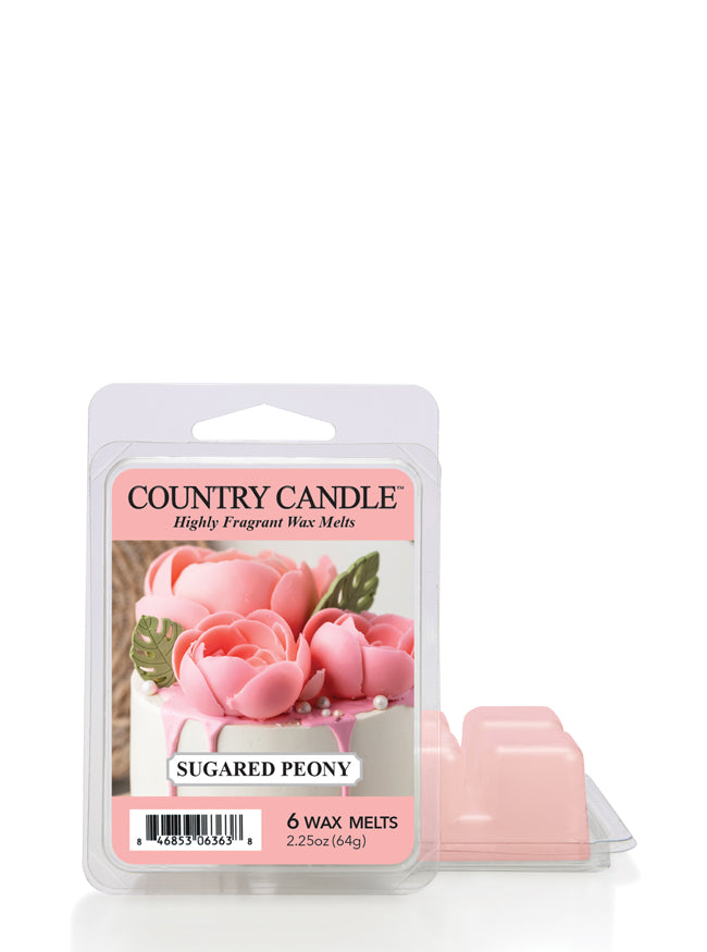 Package of Country Candle Sugared Peony wax melts with an image of pink peony flowers.