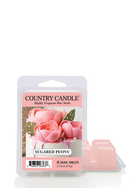 Package of Country Candle Sugared Peony wax melts with an image of pink peony flowers.