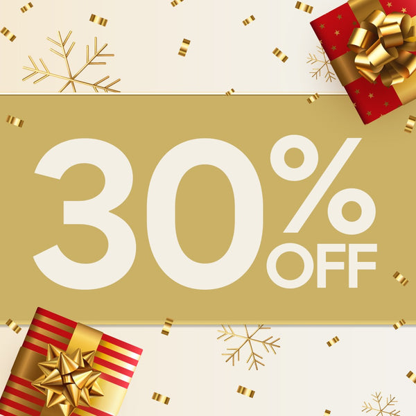 30% off sale banner with gift boxes and snowflakes on a beige background
