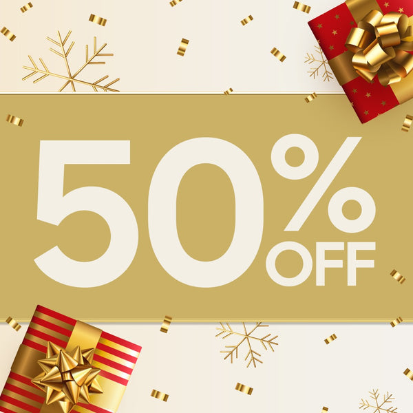 50% off sale banner with gift boxes and snowflakes on a beige background