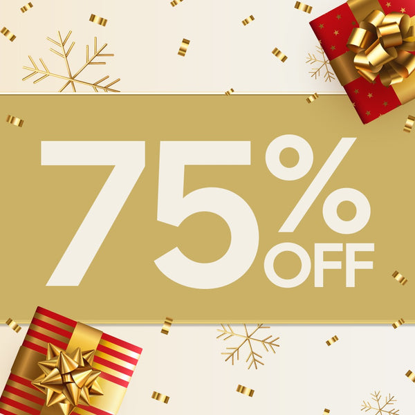 Promotional graphic with '75% OFF' text on a gold banner, surrounded by gift boxes and snowflakes.