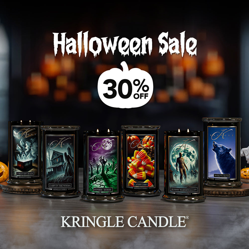 Kringle Candle Halloween candles with a 30% off sale banner on a dark background.