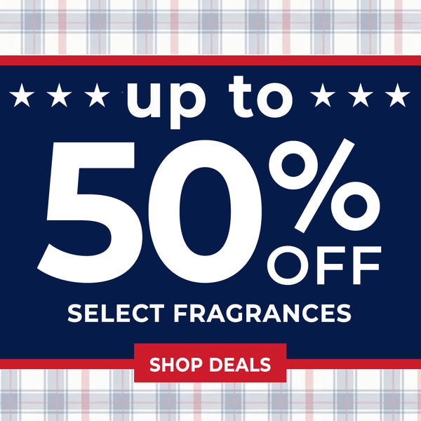 Promotional banner with 50% off select fragrances on a plaid patterned background