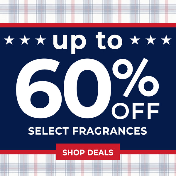 Promotional banner with 60% off select fragrances on a plaid patterned background