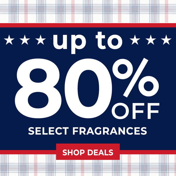 Promotional banner with 80% off select fragrances on a plaid patterned background