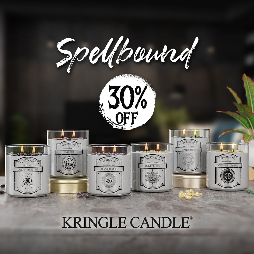 Kringle Candle candles with 'Spellbound' text and 30% off offer on a blurred background