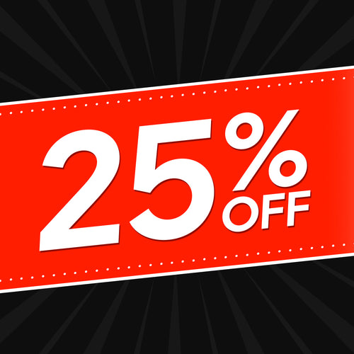 Red banner with '25% OFF' text on a black background
