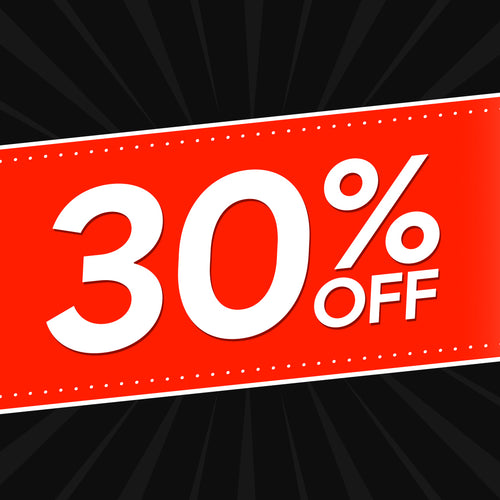 Red sale banner with '30% OFF' text on a black background