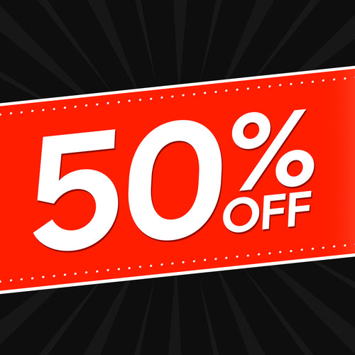 Red banner with '50% OFF' text on a black background