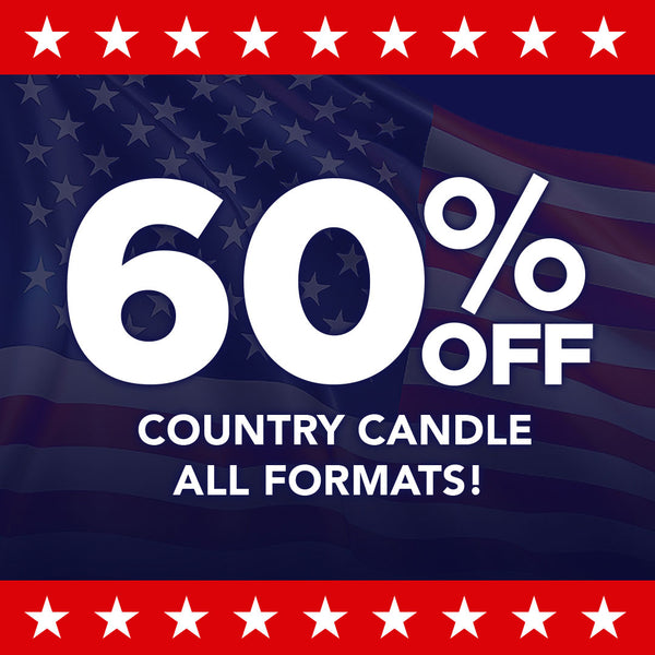 Promotional graphic with 60% off Country Candle offer on an American flag background
