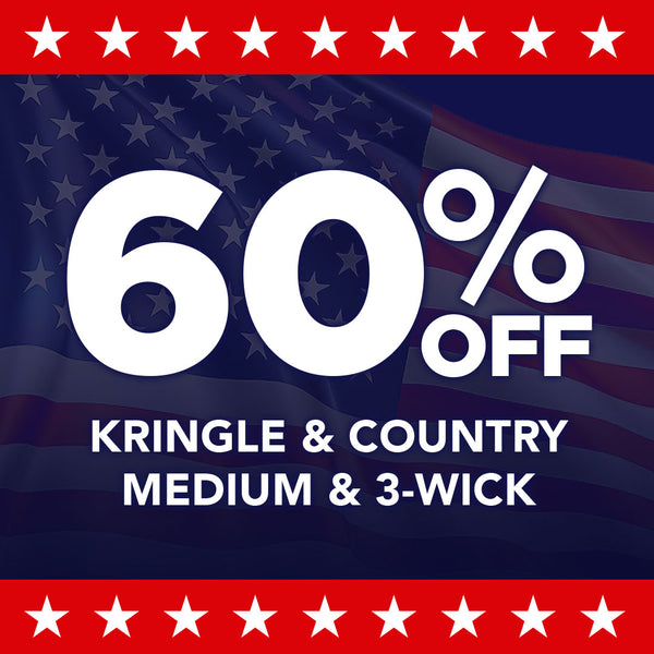 Promotional graphic with 60% off discount on Kringle & Country candles against an American flag background.