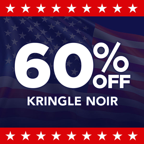 Promotional graphic with '60% OFF' and 'Kringle Noir' text on an American flag background.