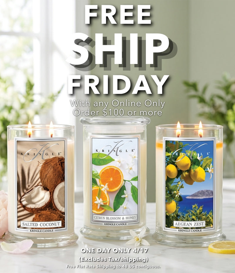 Three Kringle Candle scented candles with labels on a white surface, promotional text for free ship Friday.