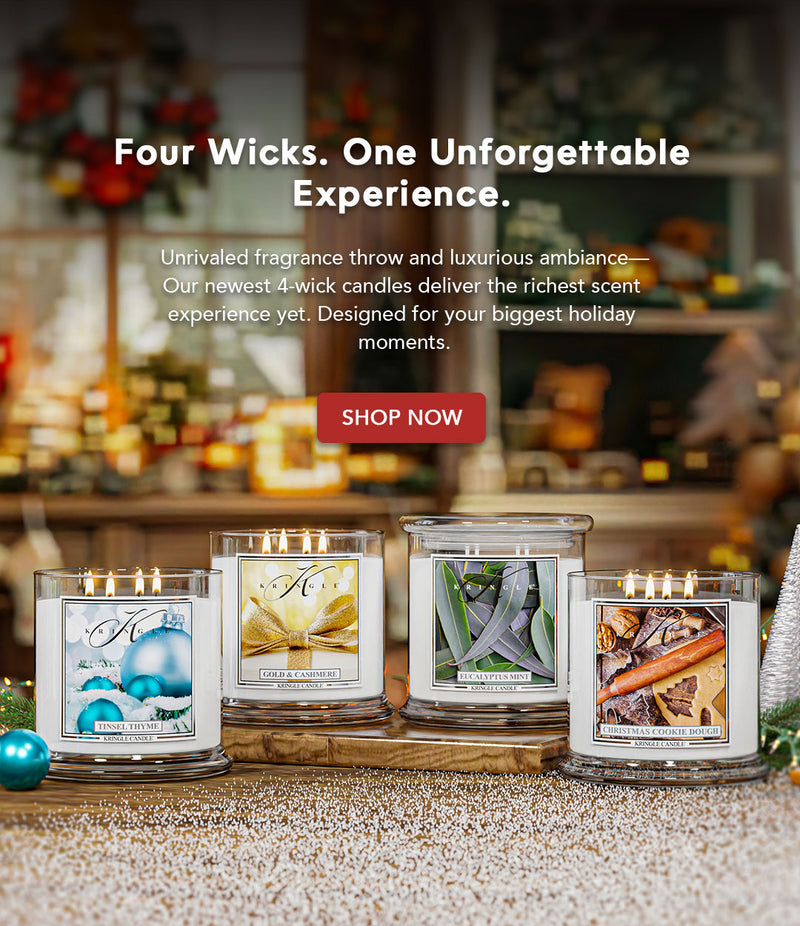 Four wick candles with holiday decorative labels on a textured surface, with text promoting their experience.