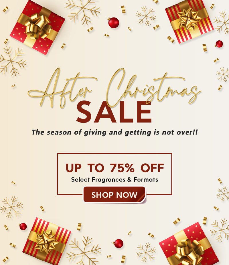 Promotional flyer for 'After Christmas Sale' with gift boxes and snowflakes on a beige background.