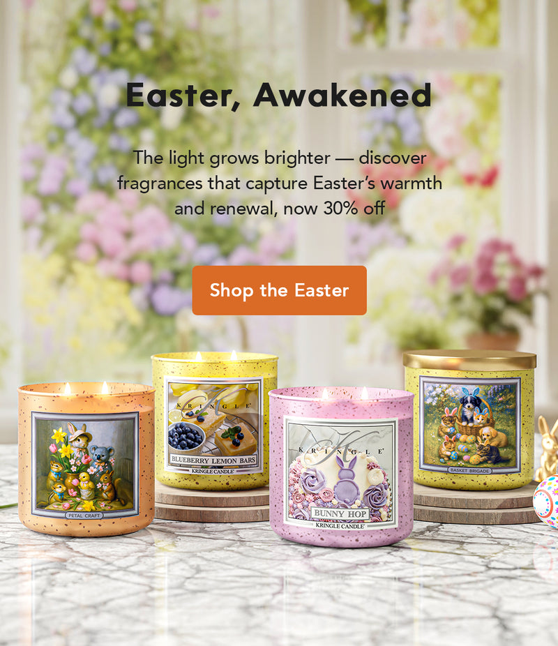 Easter-themed candles on a marble surface with promotional text overlay.