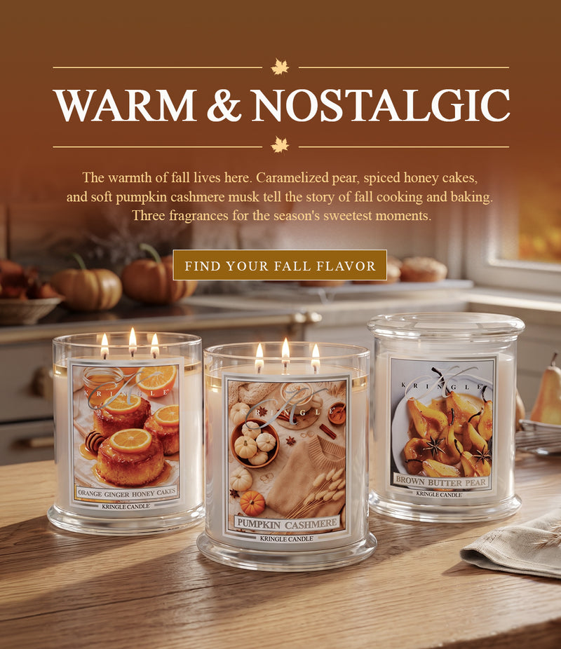Kringle Candle fall collection banner: Orange Ginger Honey Cakes, Pumpkin Cashmere, and Brown Butter Pear candles with 'Warm & Nostalgic' headline and 'Find Your Fall Flavor' CTA.