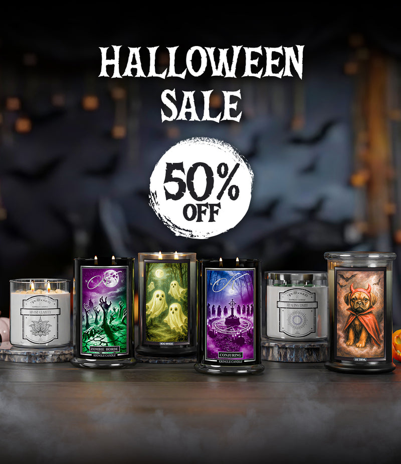 Halloween-themed candles with a 50% off sale label on a dark background.