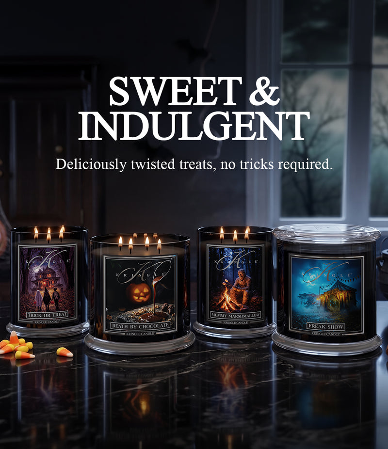 Four Halloween-themed scented candles in black glass jars with lit flames, displayed on a dark reflective surface. Large white text above reads 'SWEET & INDULGENT' with the subtitle 'Deliciously twisted treats, no tricks required.