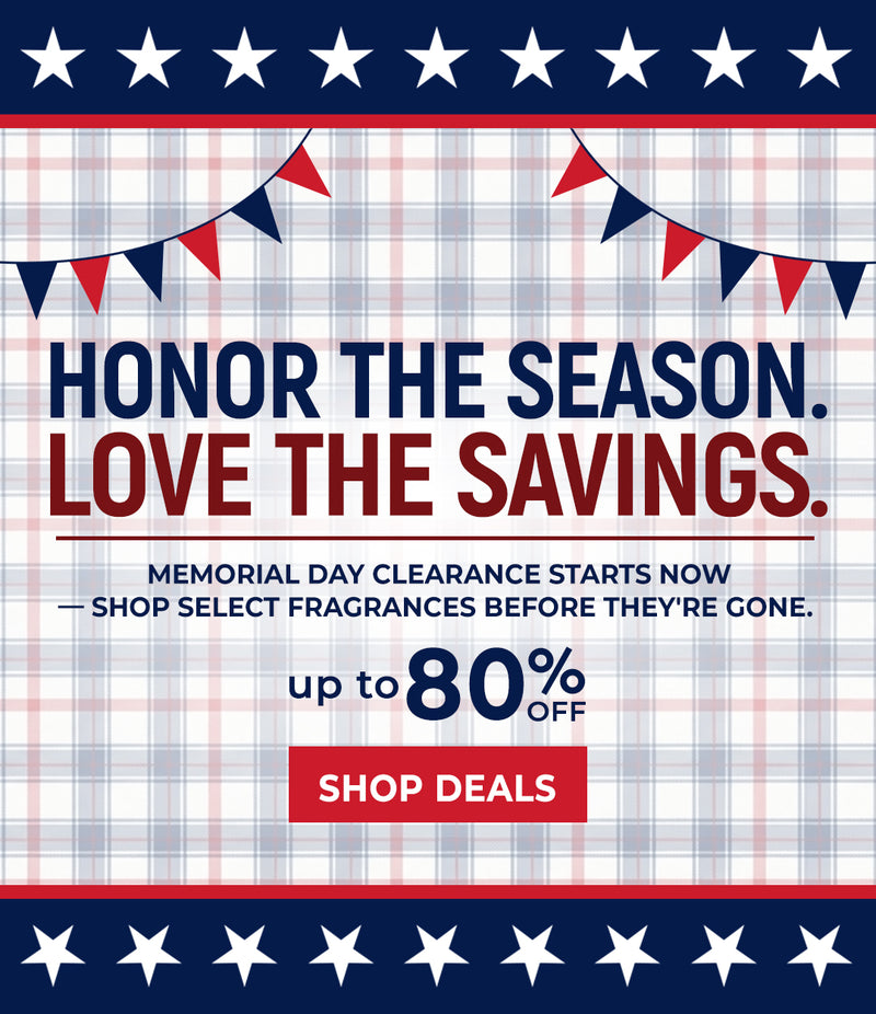 Promotional graphic with Memorial Day clearance text and sale details on a plaid pattern background.