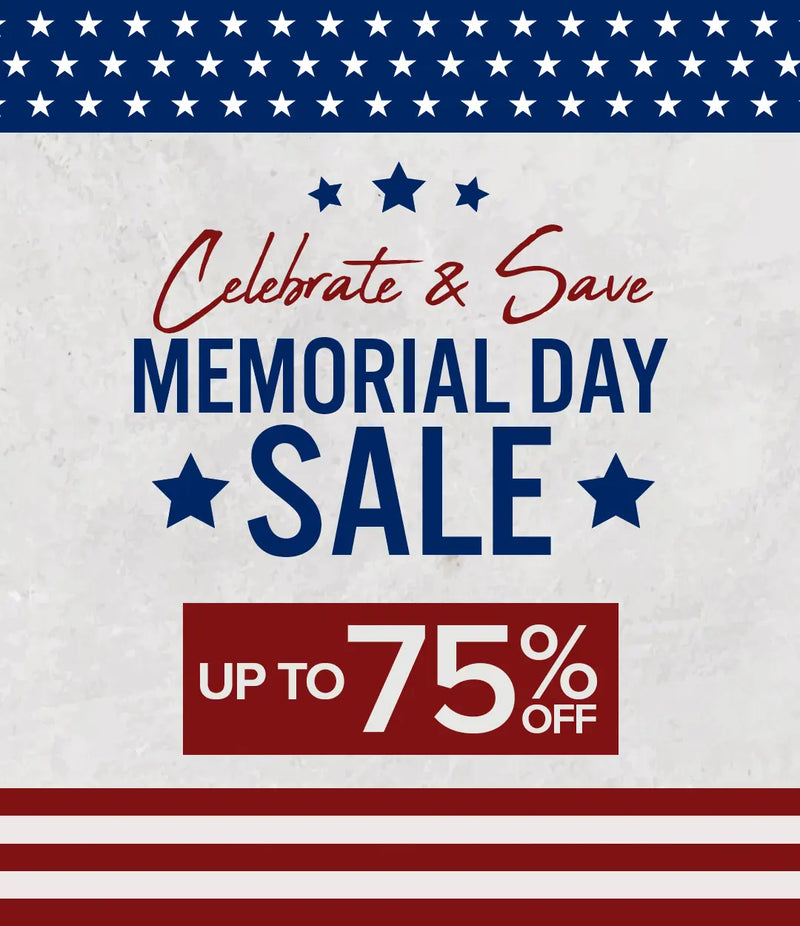 Memorial Day Sale graphic with stars and stripes theme. Text reads: Celebrate & Save – Memorial Day Sale – Up to 75% Off.