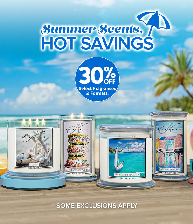 Summer candle sale banner showing beach scene with Kringle Candle jars and text “30% off select fragrances & formats – some exclusions apply