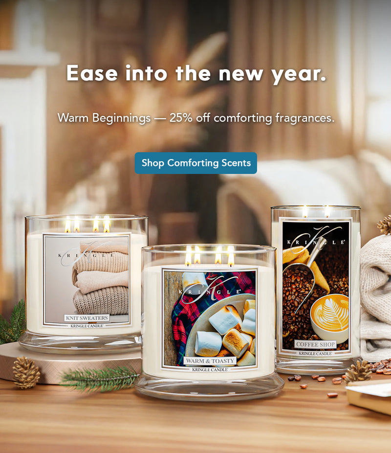 Three scented candles on a wooden surface with promotional text above them.