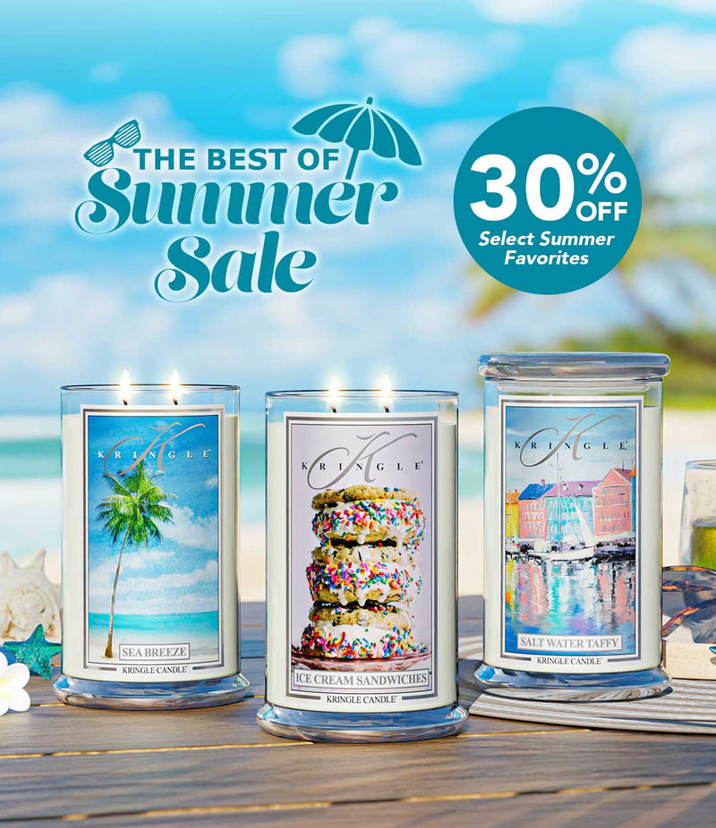 Kinder Candle display with beach-themed packaging on a wooden surface, promotional text for 'The Best of Summer Sale' with 30% off.