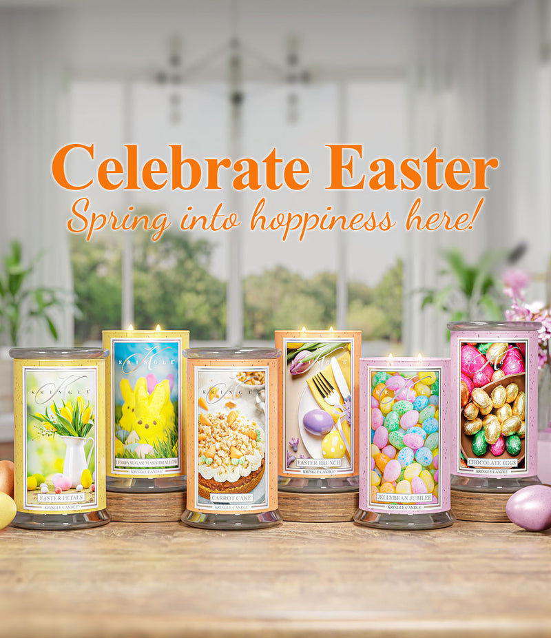 Celebrate Easter with Kringle Candle! A bright and festive display of Easter-themed candles, featuring scents like Easter Petals, Lemon Sugar Marshmallow, Carrot Cake, Easter Brunch, Jellybean Jubilee, and Chocolate Eggs. The image showcases pastel-colored eggs, fresh flowers, and a cozy spring setting. The text on the banner reads: ‘Celebrate Easter – Spring into hoppiness here!’