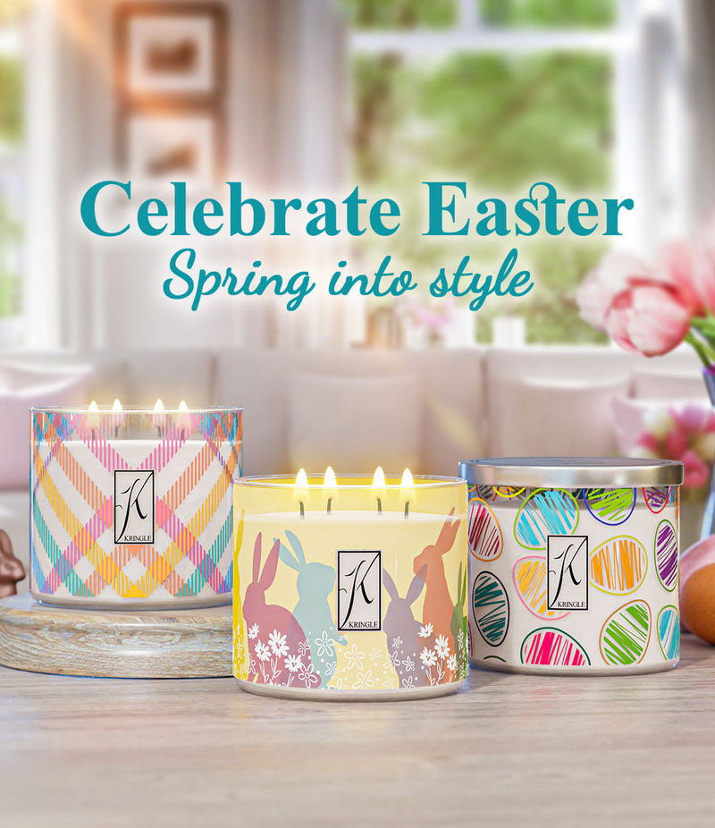 Celebrate Easter with Kringle Candle’s stylish three-wick collection! Featuring beautifully designed jars with festive patterns, including pastel plaid, colorful Easter eggs, and silhouetted bunnies against a spring backdrop. The scene is set with chocolate bunnies, decorated eggs, and fresh flowers, creating a bright and cheerful Easter atmosphere. The text on the banner reads: ‘Celebrate Easter – Spring into style.’