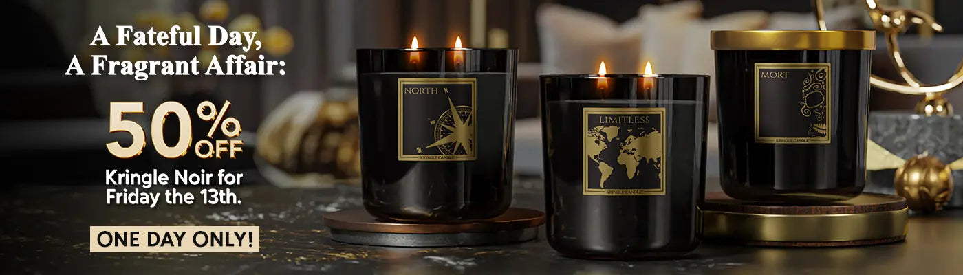 Kringle Noir candles 50% off for Friday the 13th. One-day-only sale featuring North, Limitless, and Mort scents in black glass jars.