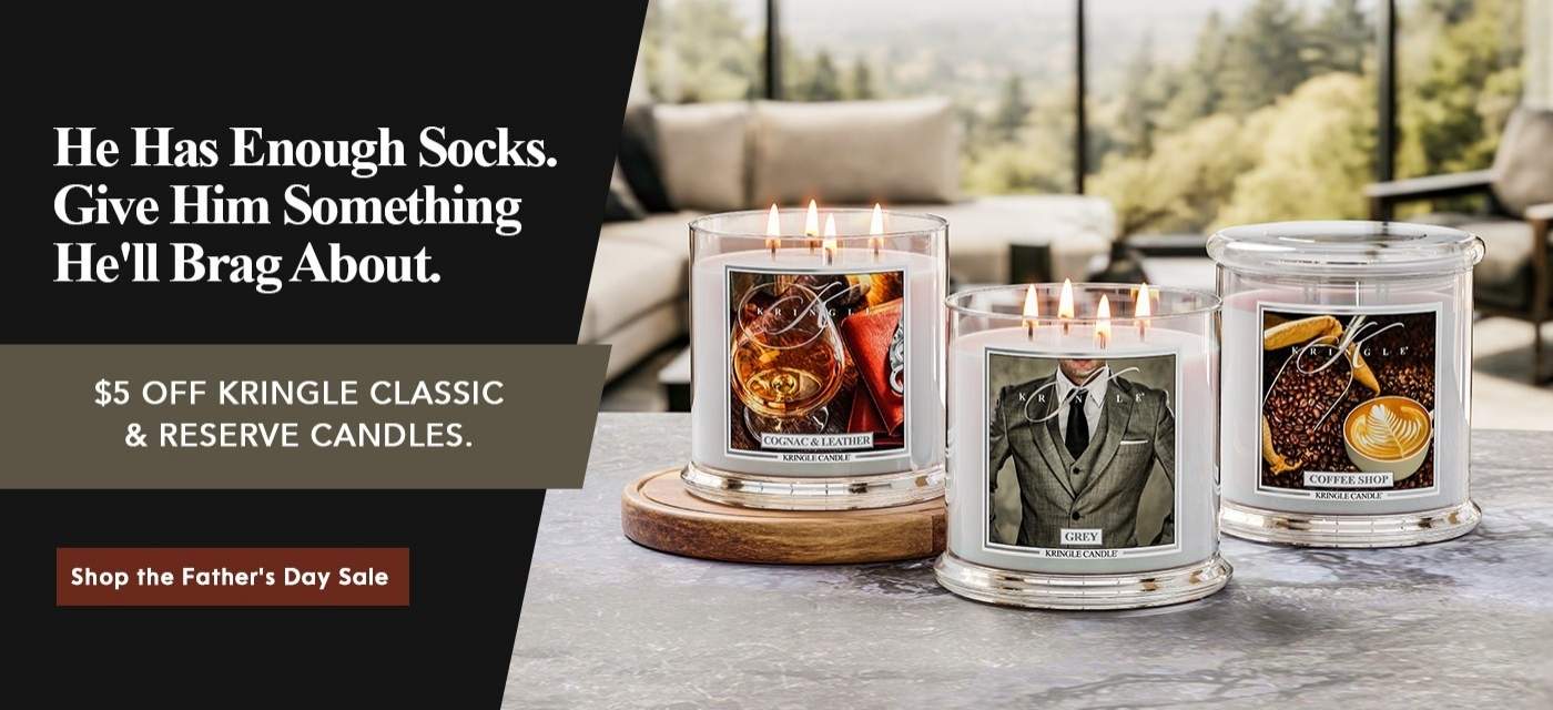 Three Kringle Candle scented candles on a table with promotional text overlay.
