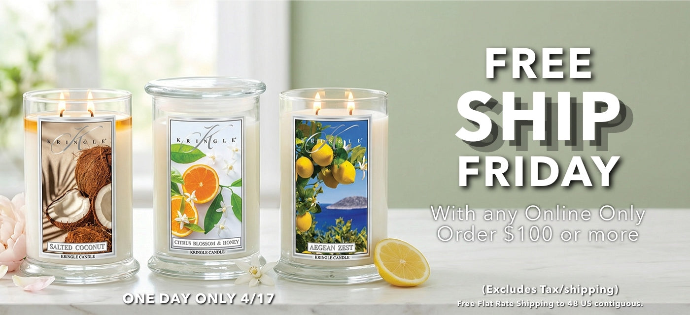 Three scented candles with labels on a white surface, with promotional text for free ship Friday.