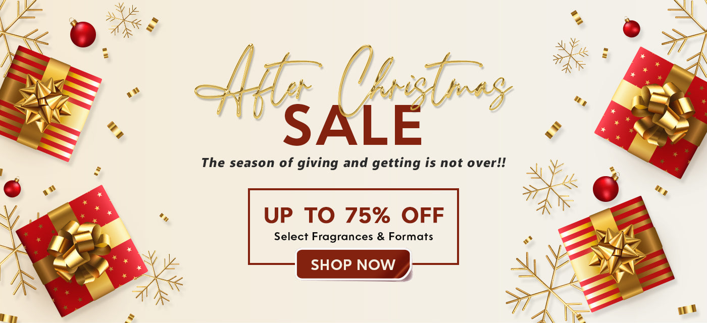 After Christmas sale advertisement with gift boxes and festive decorations on a beige background.