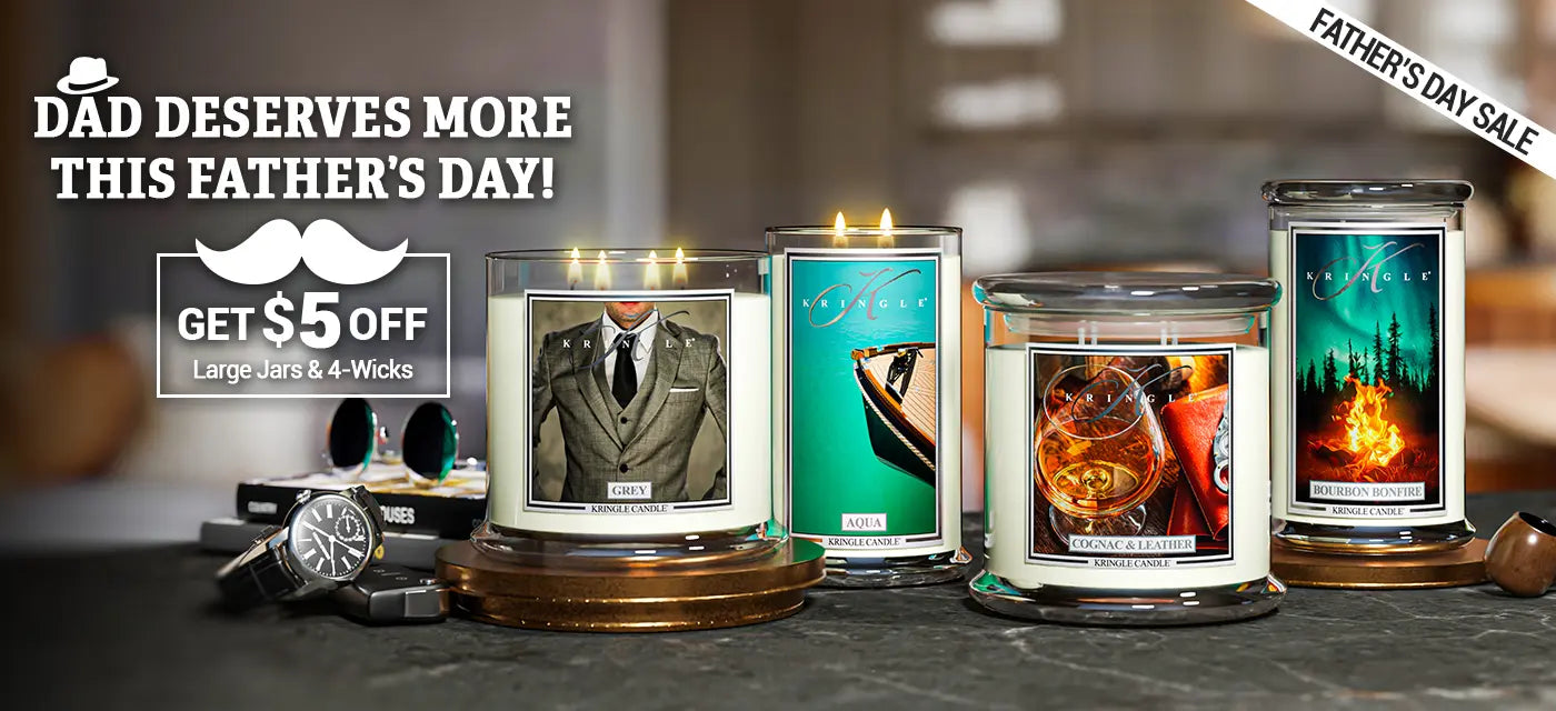 Father’s Day sale image featuring $5 off candles; includes Grey, Aqua, Cognac & Leather, and Bourbon Bonfire scents on display.