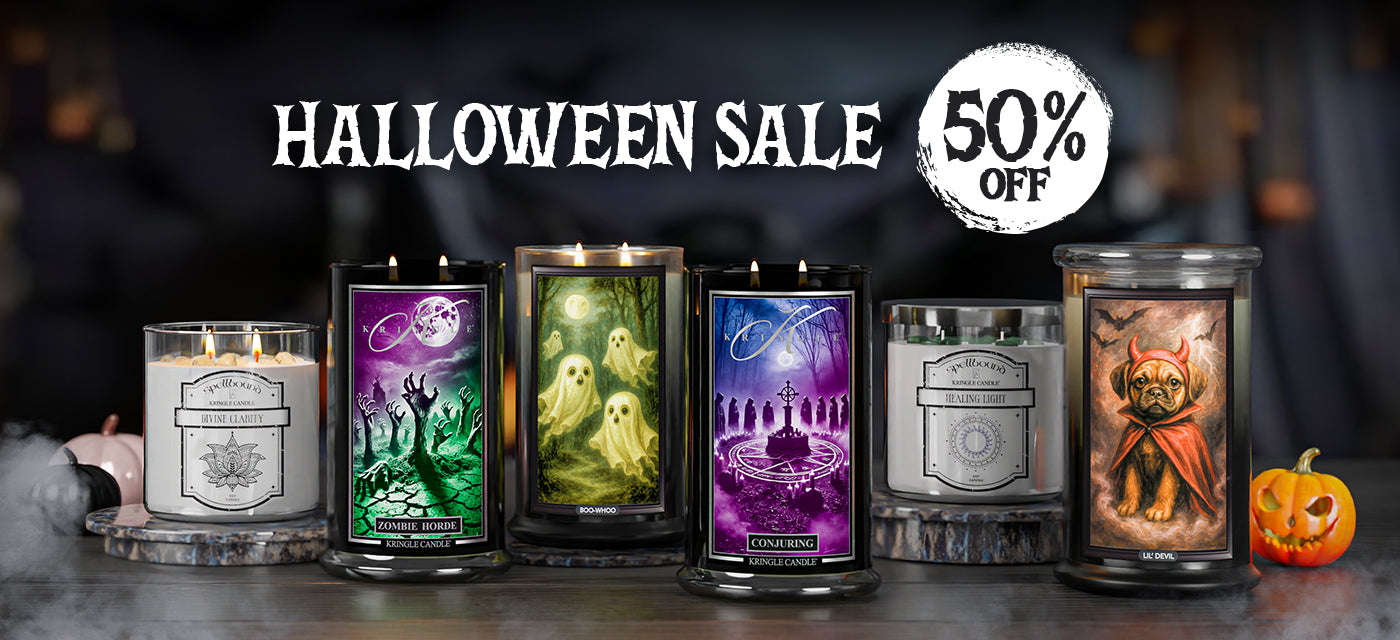 Halloween-themed candles with decorative labels on a dark background, featuring a 50% off sale banner.