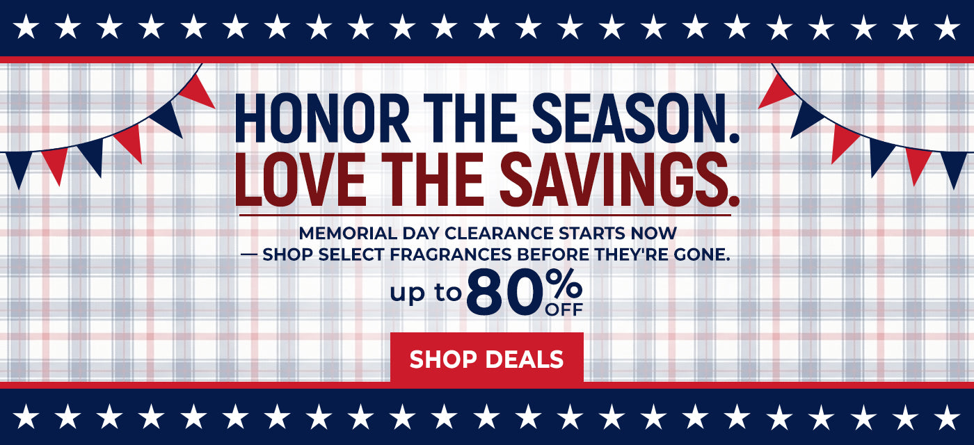 Promotional banner with text 'Honor the Season. Love the Savings.' and 'Memorial Day Clearance' on a plaid background.