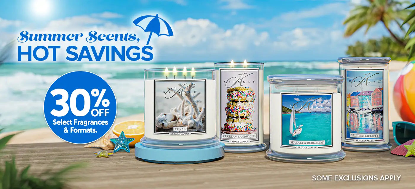 Summer candle sale banner showing beach scene with Kringle Candle jars and text “30% off select fragrances & formats – some exclusions apply