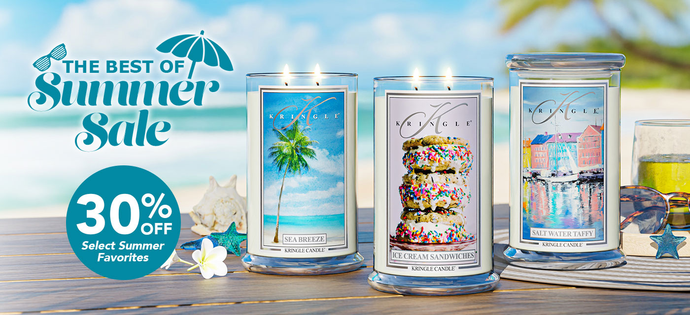 Candles with summer-themed labels on a beach background, with a 30% off sale promotion.