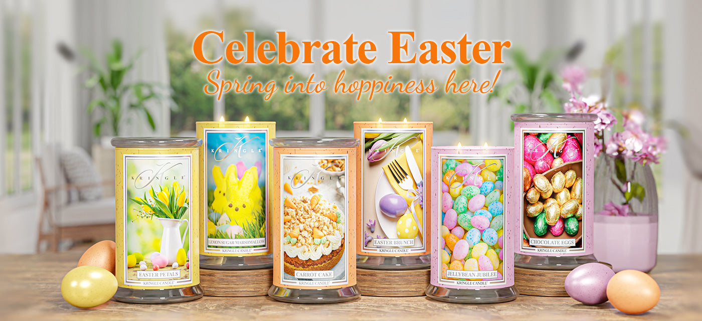 Celebrate Easter with Kringle Candle! A bright and festive display of Easter-themed candles, featuring scents like Easter Petals, Lemon Sugar Marshmallow, Carrot Cake, Easter Brunch, Jellybean Jubilee, and Chocolate Eggs. The image showcases pastel-colored eggs, fresh flowers, and a cozy spring setting. The text on the banner reads: ‘Celebrate Easter – Spring into hoppiness here!’