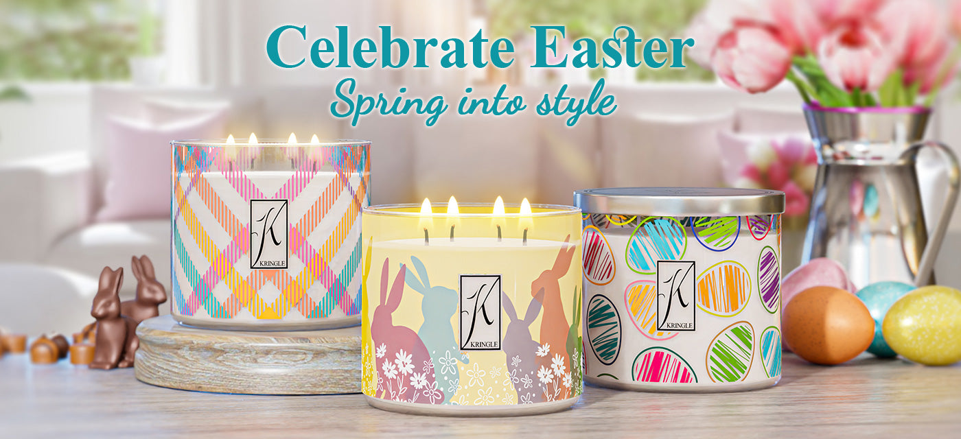 Celebrate Easter with Kringle Candle’s stylish three-wick collection! Featuring beautifully designed jars with festive patterns, including pastel plaid, colorful Easter eggs, and silhouetted bunnies against a spring backdrop. The scene is set with chocolate bunnies, decorated eggs, and fresh flowers, creating a bright and cheerful Easter atmosphere. The text on the banner reads: ‘Celebrate Easter – Spring into style.’